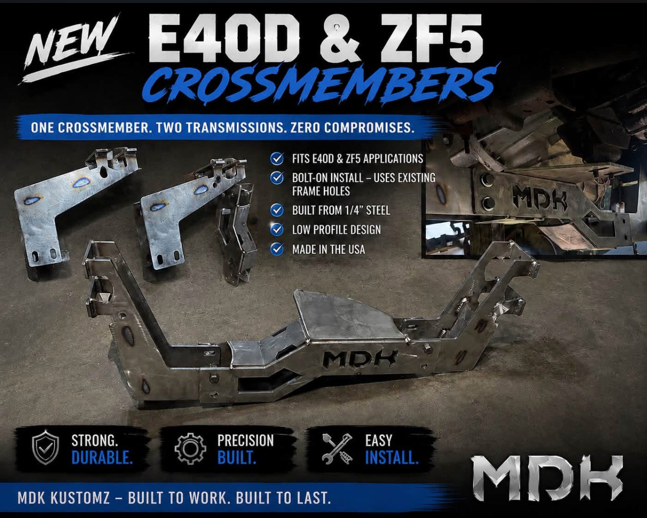 MDK E4OD and ZF5 crossmember kits